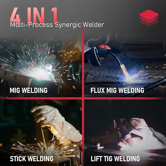 Soldador MIG de 160 A sin gas de gas, con núcleo de flujo/MIG/Lift TIG/Stick ARC soldador 4 en 1, control sinérgico de 110 V/220 V de doble voltaje