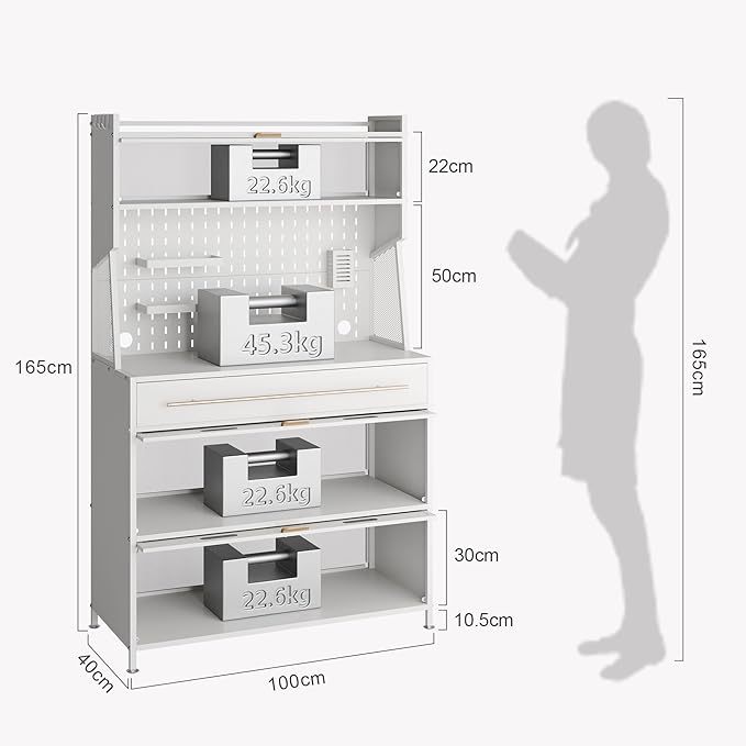 Armario de Cocina, Estante para Microondas, Gran Estante de Almacenaje de Cocina, DIY Creativo, con Ruedas de Freno, para Garaje, Despensa, Cocina, Hogar, Blanco 100×40×165cm