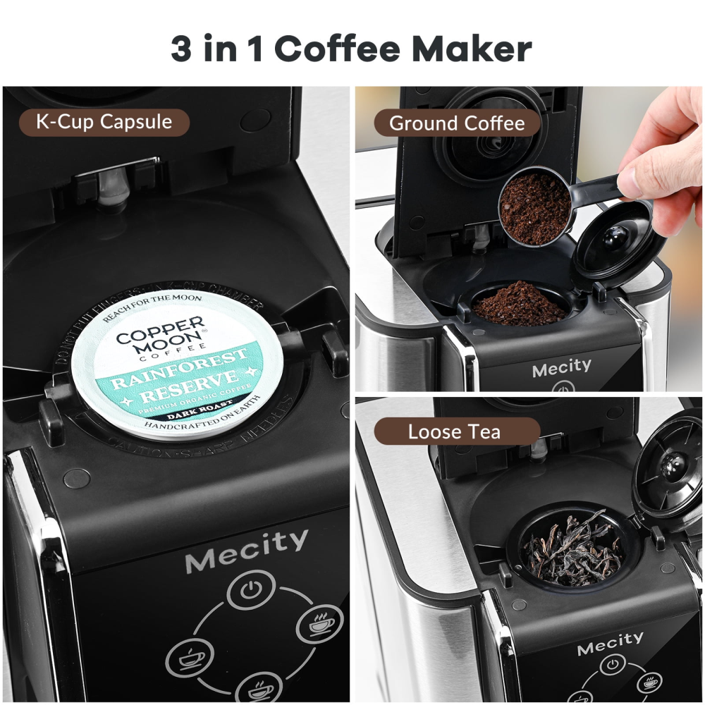 Cafetera monodosis 3 en 1, compatible con cápsulas en polvo, 120 V, depósito de agua de 50 oz, descalcificadora de té, color negro