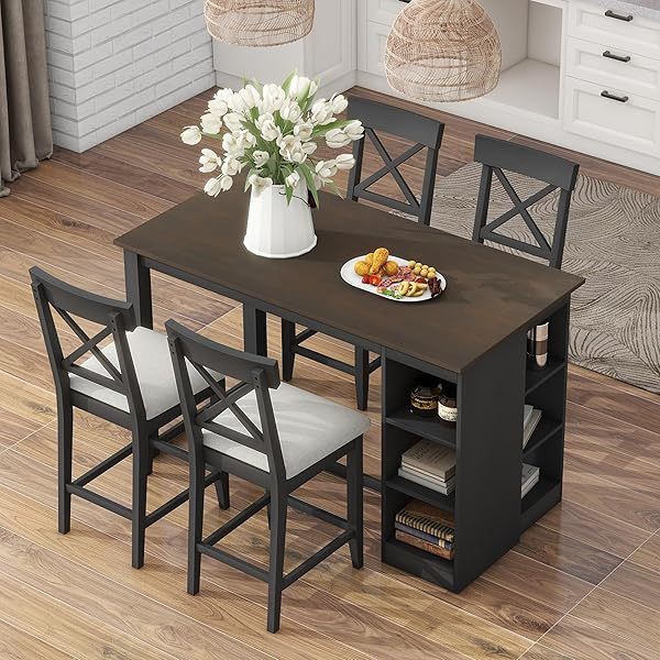 Juego de mesa de comedor de altura de mostrador con 4 sillas, mesa de cocina de madera maciza con gabinete de almacenamiento y cajón, tablero de mesa de mármol sintético, color negro