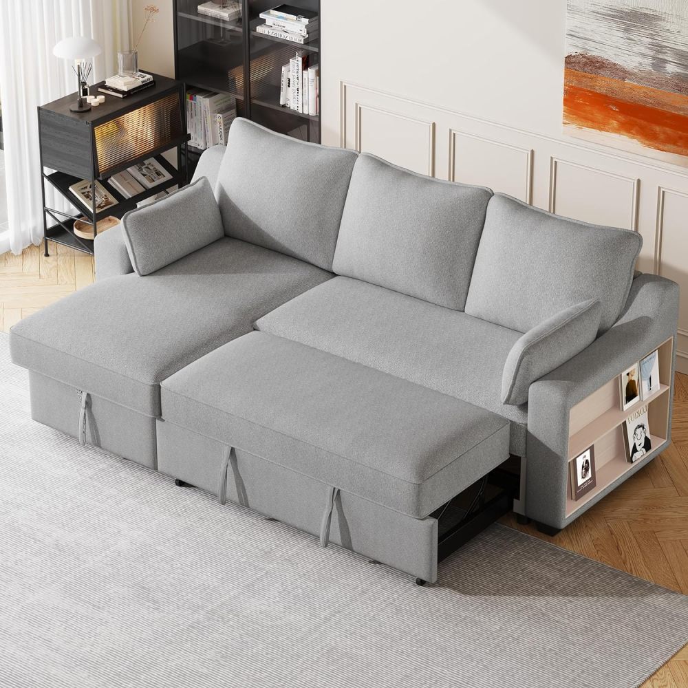 Sofá seccional convertible, sofá cama extraíble con 3 almohadas y 2 puertos USB