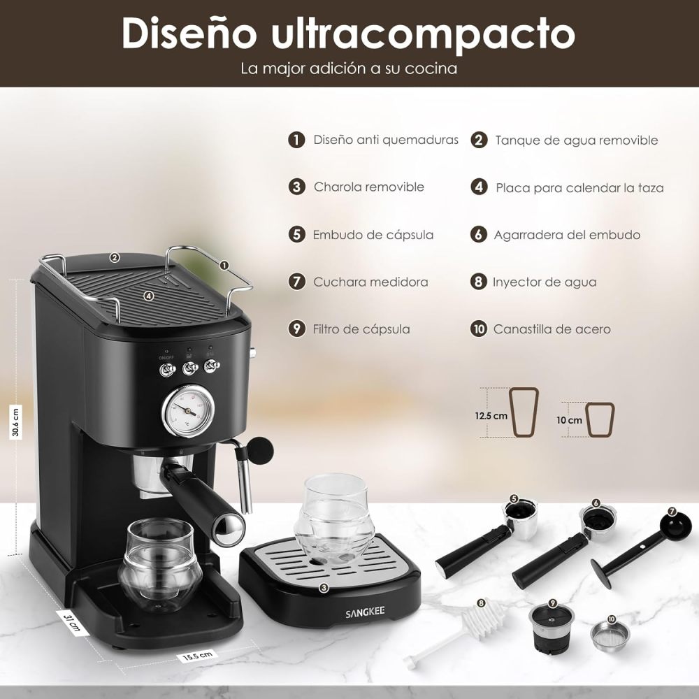 Máquina de Espresso y Capuchino 20 Bares, Cafetera Cápsulas y Café Molido con Espumador de Leche (ESS2)