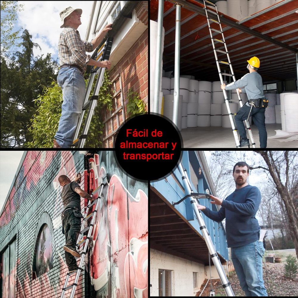 Escalera Telescópica de 3.8 Metros, Escalera de Telescópica de Aluminio Soporta 150 kg, Plegable De retracción Multiusos Extensible Compacta y Portátil De Escalón-Guantes antideslizantes anti