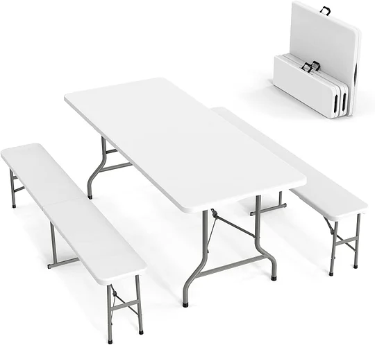 VINGLI Juego de mesa de picnic con 2 bancos, juego de sillas de mesa de camping de 6 pies, muebles plegables de 3 piezas para uso interior o exterior