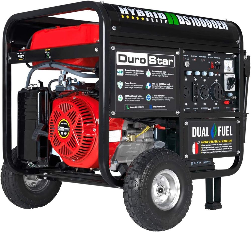 DS10000EH Generador portátil de Doble Combustible, 10000 W, Arranque eléctrico, Respaldo en casa y Listo para RV, Aprobado por 50 Estados, Rojo/Negro