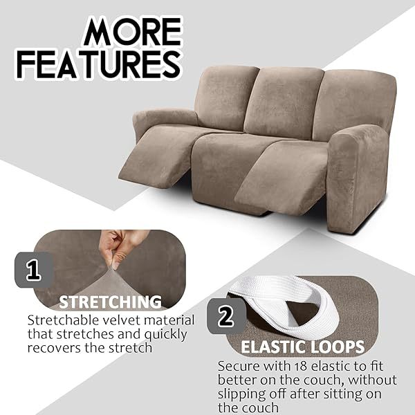 Fundas de sofá reclinables de terciopelo de 8 piezas, fundas elásticas para sofá reclinable de 3 cojines, fundas para sofá reclinable, muebles