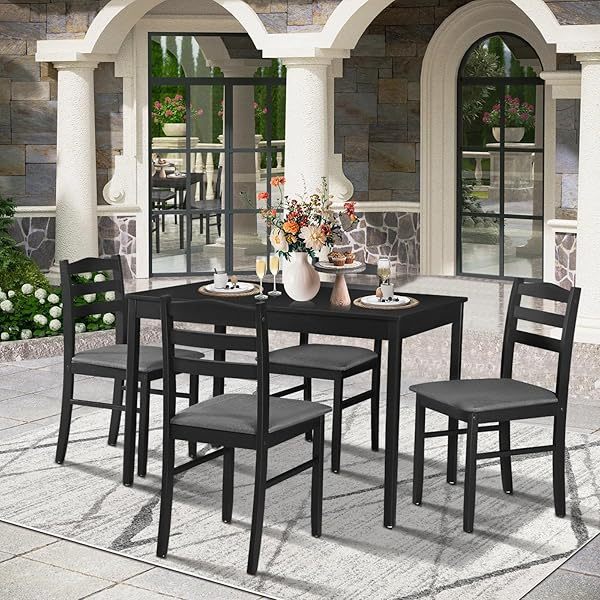 Dining Table Set for 4, 5-Piece Wood Modern Rectangular Dining Table Set for Home with 4 Upholstered Chairs