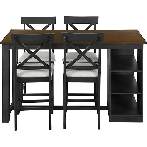 Juego de mesa de comedor de altura de mostrador con 4 sillas, mesa de cocina de madera maciza con gabinete de almacenamiento y cajón, tablero de mesa de mármol sintético, color negro