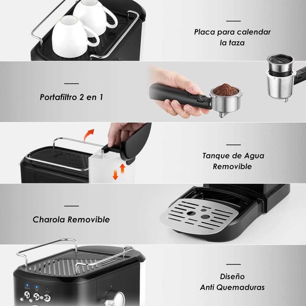 Máquina de Espresso y Capuchino 20 Bares, Cafetera Cápsulas y Café Molido con Espumador de Leche (ESS2)