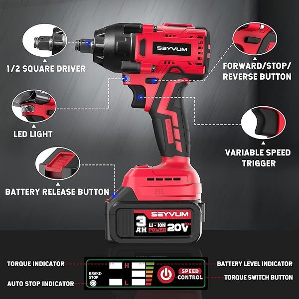 Llave de impacto, pistola de impacto de 1/2", destornillador de impacto eléctrico con par máximo de 320 ft-lb (430 Nm), llave de impacto inalámbrica