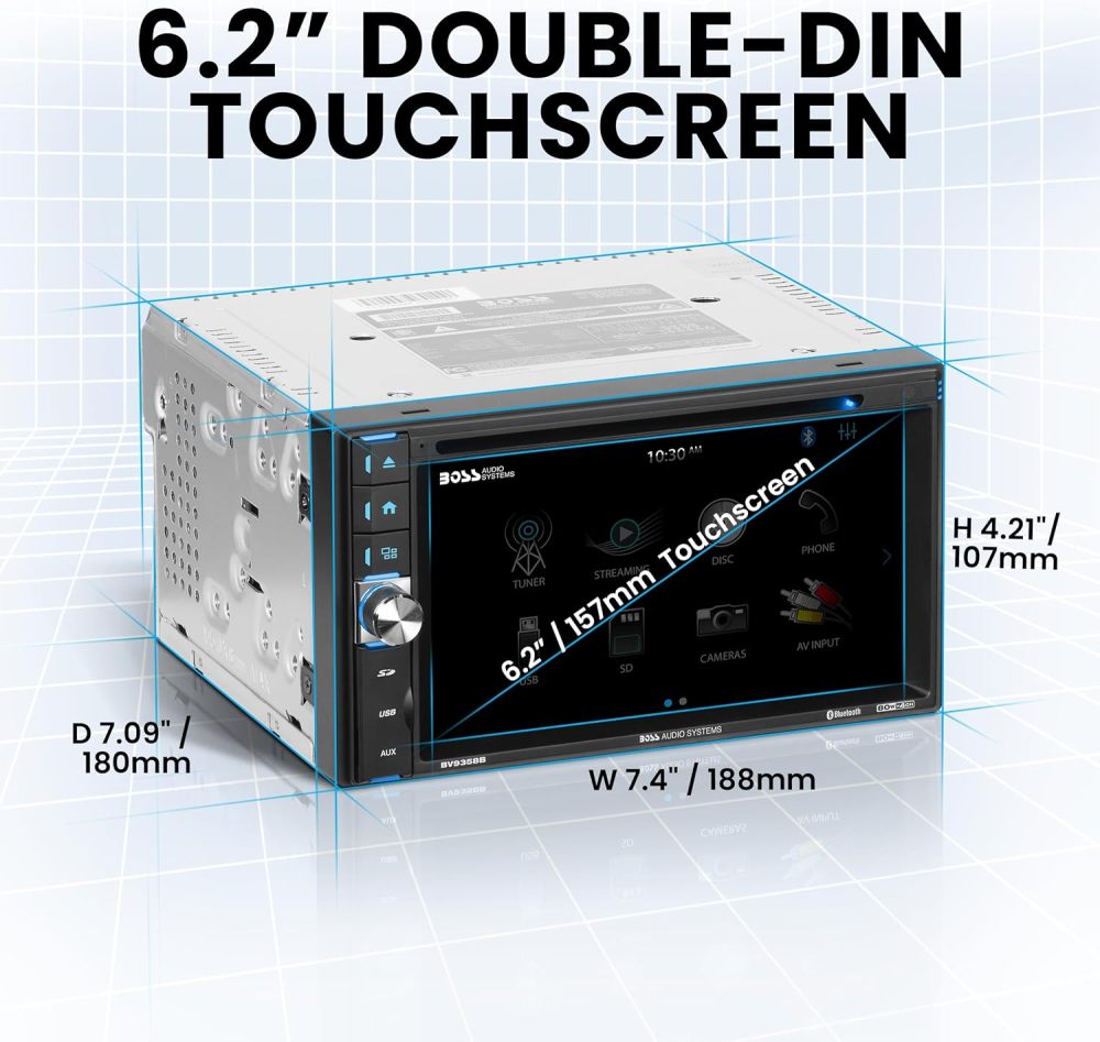 Sistema estéreo de coche - Doble DIN de 6.2 pulgadas, visualización táctil, audio Bluetooth y unidad principal de llamadas, entrada auxiliar, USB, SD, reproductor de CD, receptor de radio AM/FM, cámara de respaldo