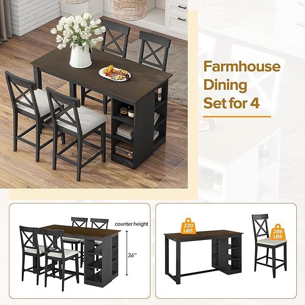 Juego de mesa de comedor de altura de mostrador con 4 sillas, mesa de cocina de madera maciza con gabinete de almacenamiento y cajón, tablero de mesa de mármol sintético, color negro