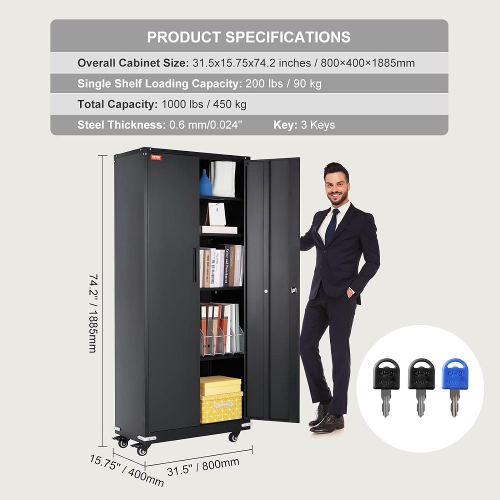 Metal Storage Cabinet with Wheels, 75'' Locking Steel Storage Cabinet with 2 Magnetic Doors and 4 Adjustable Shelves for Office, Garage, Home