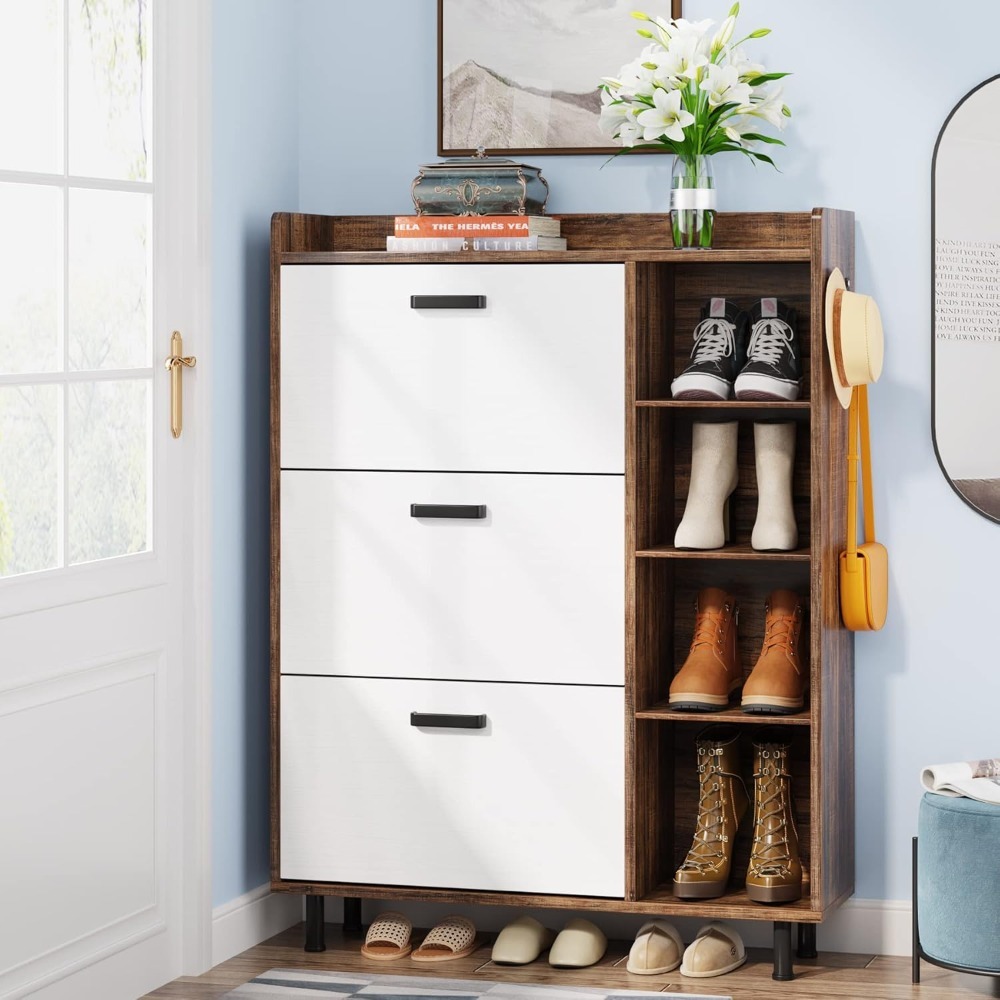 Tribesigns Shoe Cabinet, Flip Drawers Shoe Storage Cabinet for Entryway with 3 Flip Drawers and 5 Shelves, Freestanding Shoes