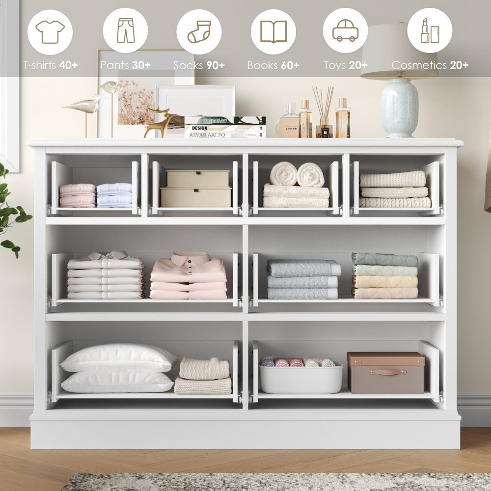 Cómoda horizontal combinada de 8 cajones para dormitorio, cómoda blanca moderna, mueble de almacenamiento de madera para sala de estar