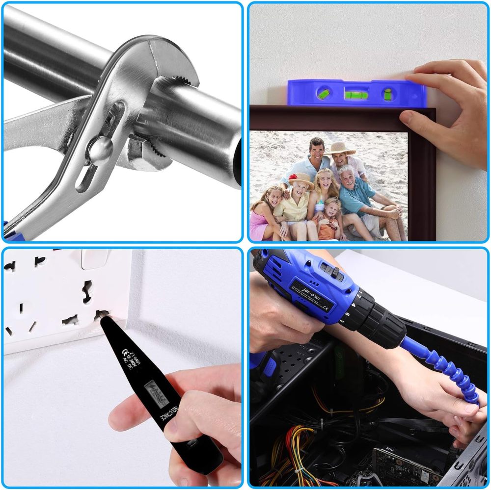 Juego de herramientas diarias para el hogar con taladro, juego de taladro inalámbrico de 21 V con 112 piezas kit de herramientas de mano combinado para reparación del hogar para hombres