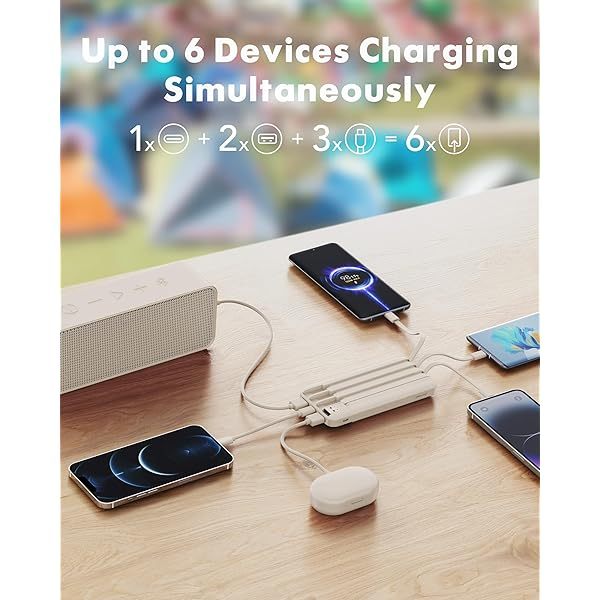Portable Charger with Built in Cables, Portable Charger with Cords Wires Slim 10000mAh Travel Essentials Battery Pack 6 Outputs 3A High Speed Power Bank for iPhone Samsung Pixel LG Moto iPad A-Black