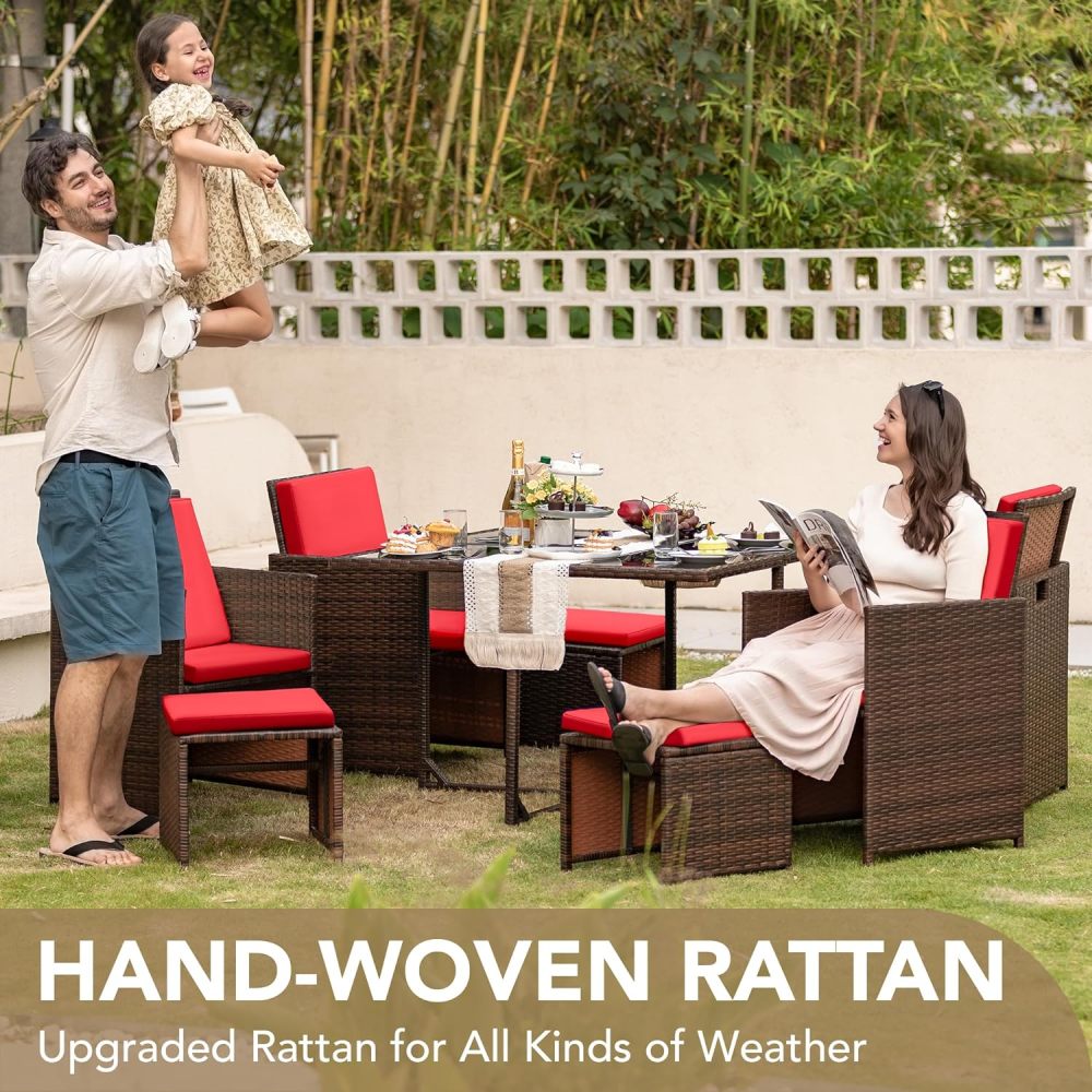 Devoko - Juego de 9 sillas de ratán para patio con mesa de vidrio y mesa de patio con asiento acolchado y parte trasera (beige)
