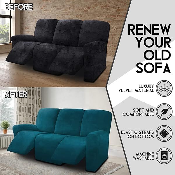 Fundas de sofá reclinables de terciopelo de 8 piezas, fundas elásticas para sofá reclinable de 3 cojines, fundas para sofá reclinable, muebles