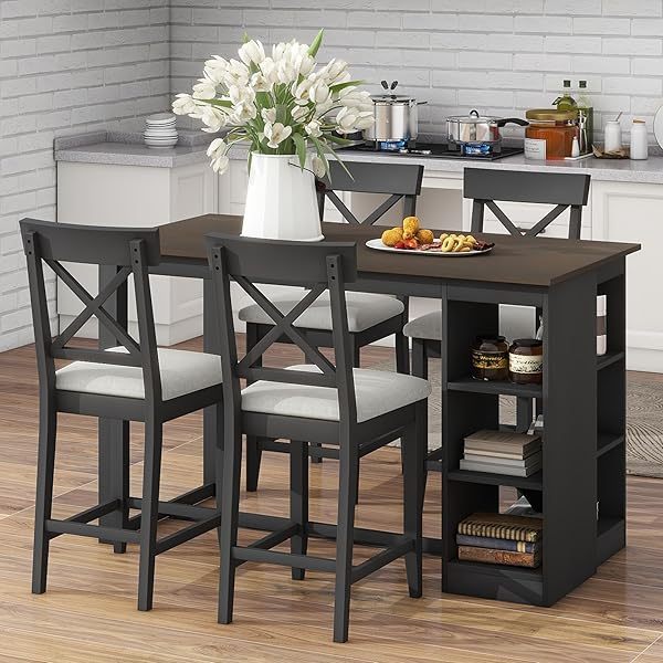 Juego de mesa de comedor de altura de mostrador con 4 sillas, mesa de cocina de madera maciza con gabinete de almacenamiento y cajón, tablero de mesa de mármol sintético, color negro