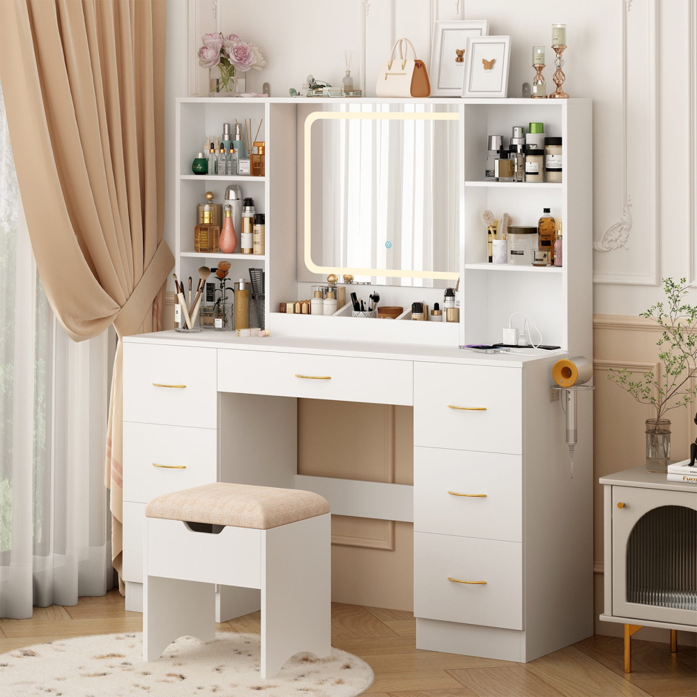 Tocador grande de 47" con espejo con luz LED, toma de corriente y 7 cajones, juego de tocador con taburete de almacenamiento y soporte para secador de pelo.