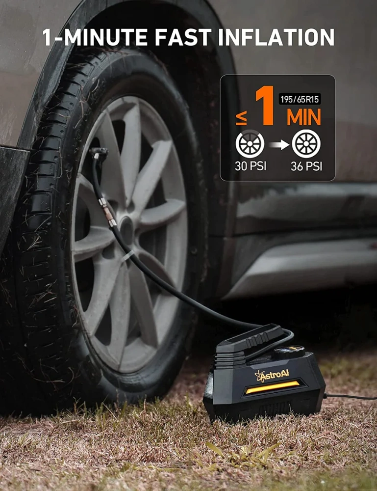 Inflador de Llantas Digital Automatico, Compresor de Aire Portatil para Auto 12V con Bomba Electrico con Pantalla LCD, Luz LED, Kit de Adaptadores y Fusible AMARILLO