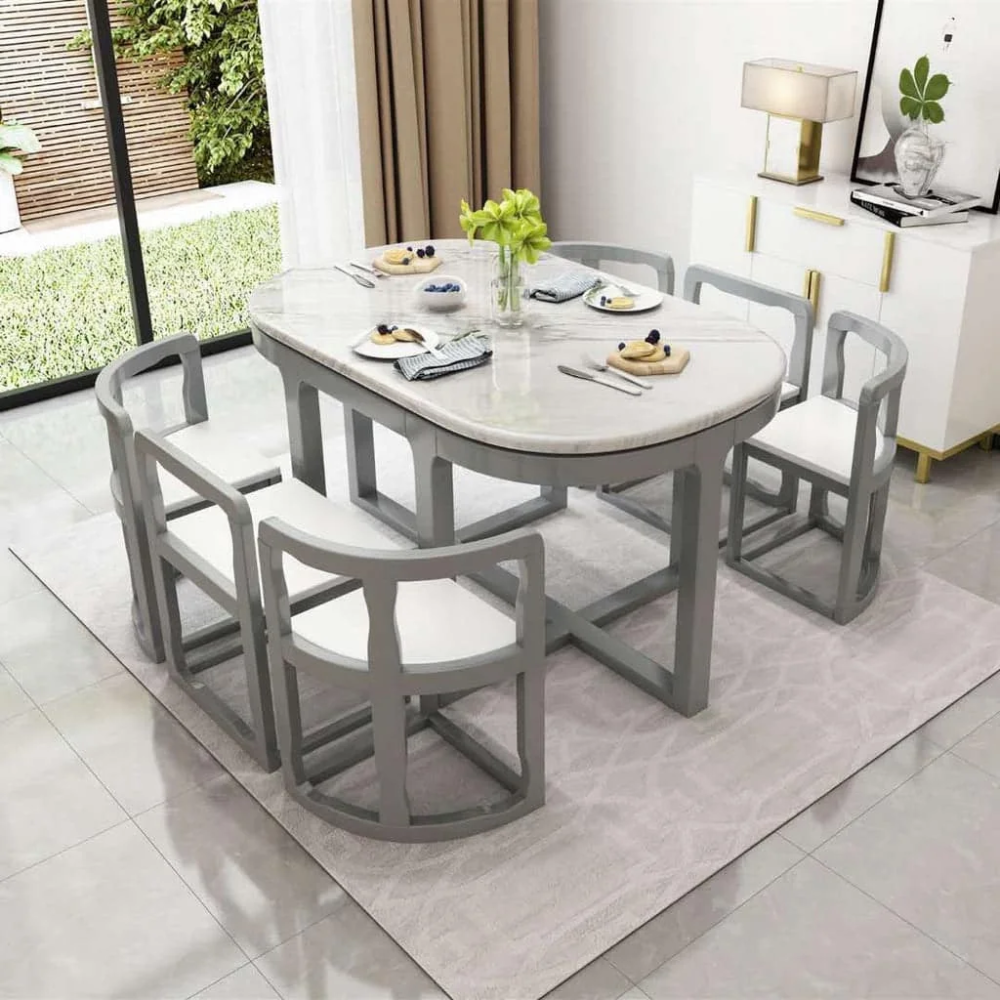 Mesa de comedor de madera maciza de mármol para 6 personas