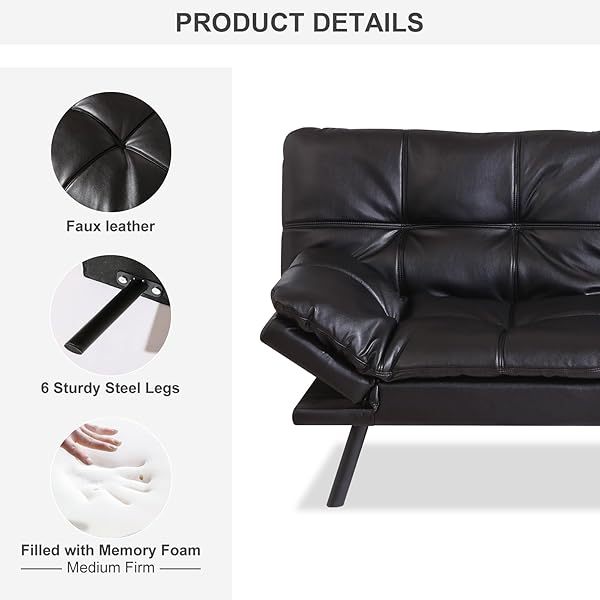 Sofá cama futón de espuma viscoelástica ajustable, sofá con respaldo convertible y reposabrazos, futón plegable, moderno futón cama para sala de estar, apartamento, oficina, habitación pequeña, sofá cama de 71 pulgadas, color negro