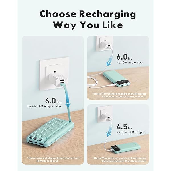 Portable Charger with Built in Cables, Portable Charger with Cords Wires Slim 10000mAh Travel Essentials Battery Pack 6 Outputs 3A High Speed Power Bank for iPhone Samsung Pixel LG Moto iPad A-Black