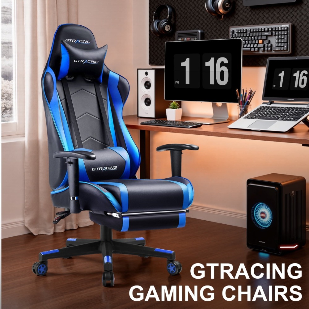 Silla gaming, silla ergonómica de escritorio con soporte lumbar, cuero sintético, reposapiés y reposacabezas ajustable.