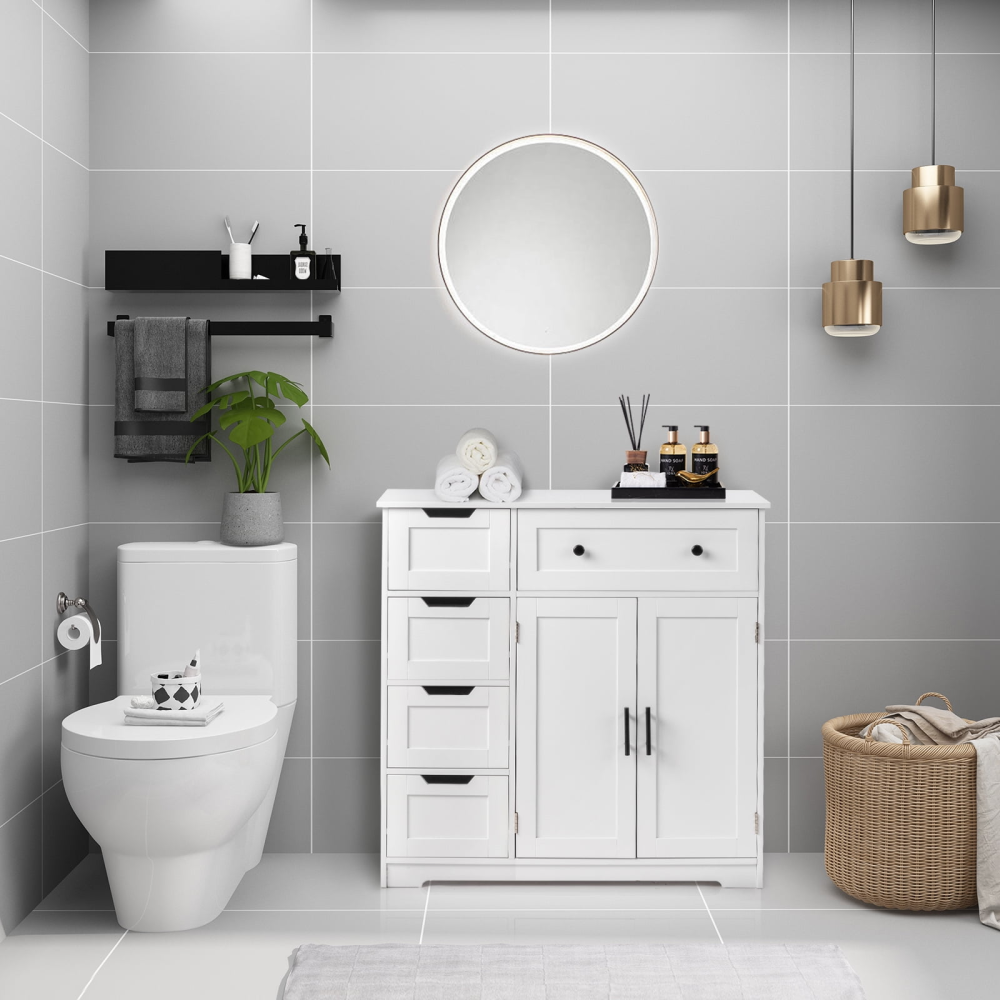 Mueble de baño de madera con 5 cajones y 1 armario, para entrada de salón, color blanco