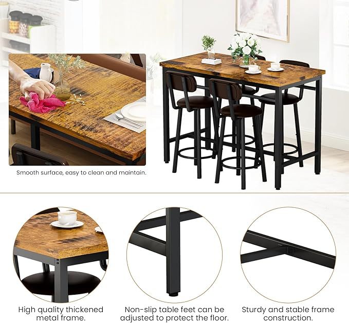 Juego de Mesa de Comedor para 4 Bar, Mesa de Cocina y sillas para 4 Personas, Mesa de Altura con 4 taburetes tapizados de Piel sintética, Mesa de Cena, Juego de Mesa de Desayuno para