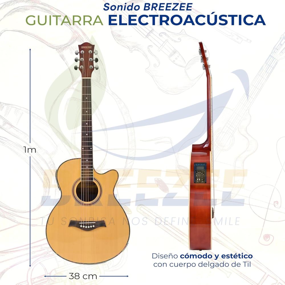 Guitarra Electroacústica de 40” Diseñada sobre Abeto, Merbau, Okume y Palisandro. Acabado de Barniz en Pulverización, Incluye Set de Accesorios Completo para Principiante