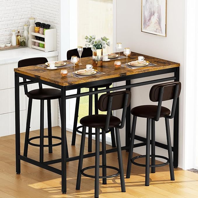 Juego de Mesa de Comedor para 4 Bar, Mesa de Cocina y sillas para 4 Personas, Mesa de Altura con 4 taburetes tapizados de Piel sintética, Mesa de Cena, Juego de Mesa de Desayuno para