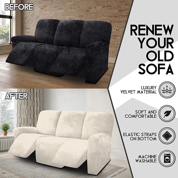 Fundas de sofá reclinables de terciopelo de 8 piezas, fundas elásticas para sofá reclinable de 3 cojines, fundas para sofá reclinable, muebles