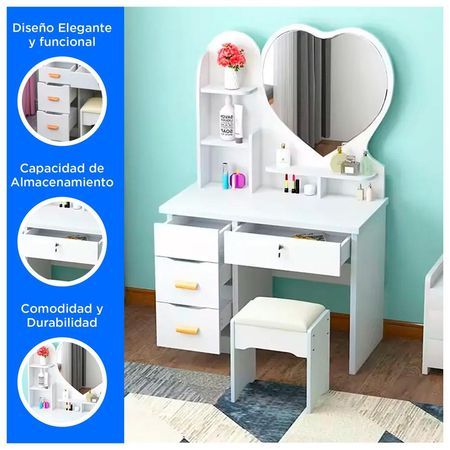 Tocador de Maquillaje Con Espejo y Taburete Para Dormitorio | Blanco
