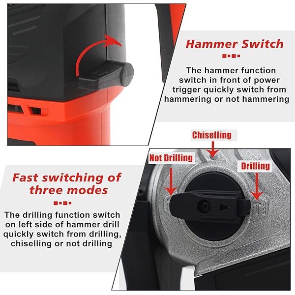 Taladro percutor rotativo con control de vibración y embrague de seguridad, martillo demoledor para hormigón, incluye 3 brocas, cinceles planos y puntiagudos, 13 amperios