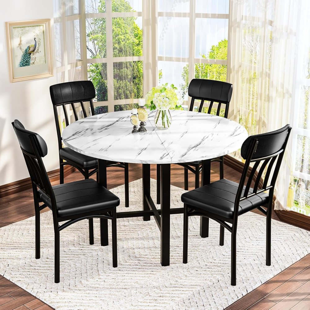 Juego de mesa de comedor redonda para 4, color blanco y negro