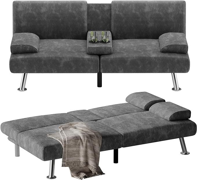 Futón sofá cama, sofá plegable de pana ajustable, sofá cama para apartamentos pequeños, juego de muebles tapizados para sala de estar con 2 soportes para tazas (verde)