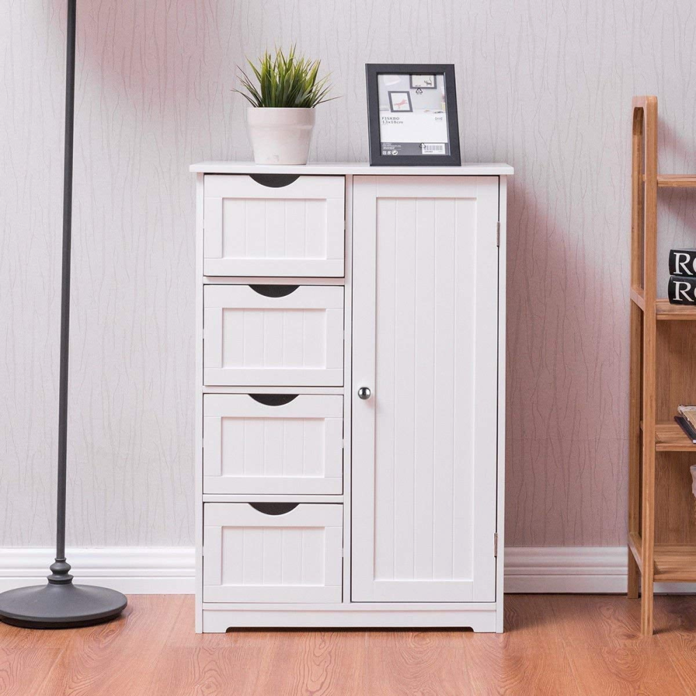 Mueble de baño de madera, organizador de almacenamiento lateral con 4 cajones, 1 armario y 2 estantes, color blanco