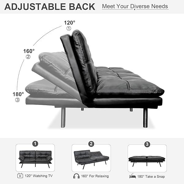 Sofá cama futón de espuma viscoelástica ajustable, sofá con respaldo convertible y reposabrazos, futón plegable, moderno futón cama para sala de estar, apartamento, oficina, habitación pequeña, sofá cama de 71 pulgadas, color negro