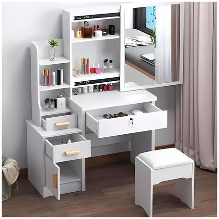 Tocador con espejo amplio y silla acolchada para dormitorio Blanco