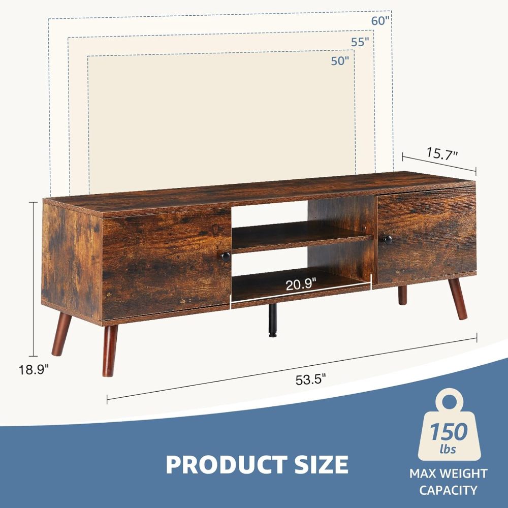 Soporte de TV para TV de 55 a 60 Pulgadas, Centro de Entretenimiento con clóset de Almacenamiento, Mesa Moderna de Consola Multimedia de Mediados de Siglo, bisagra Ajustable, Muebles de