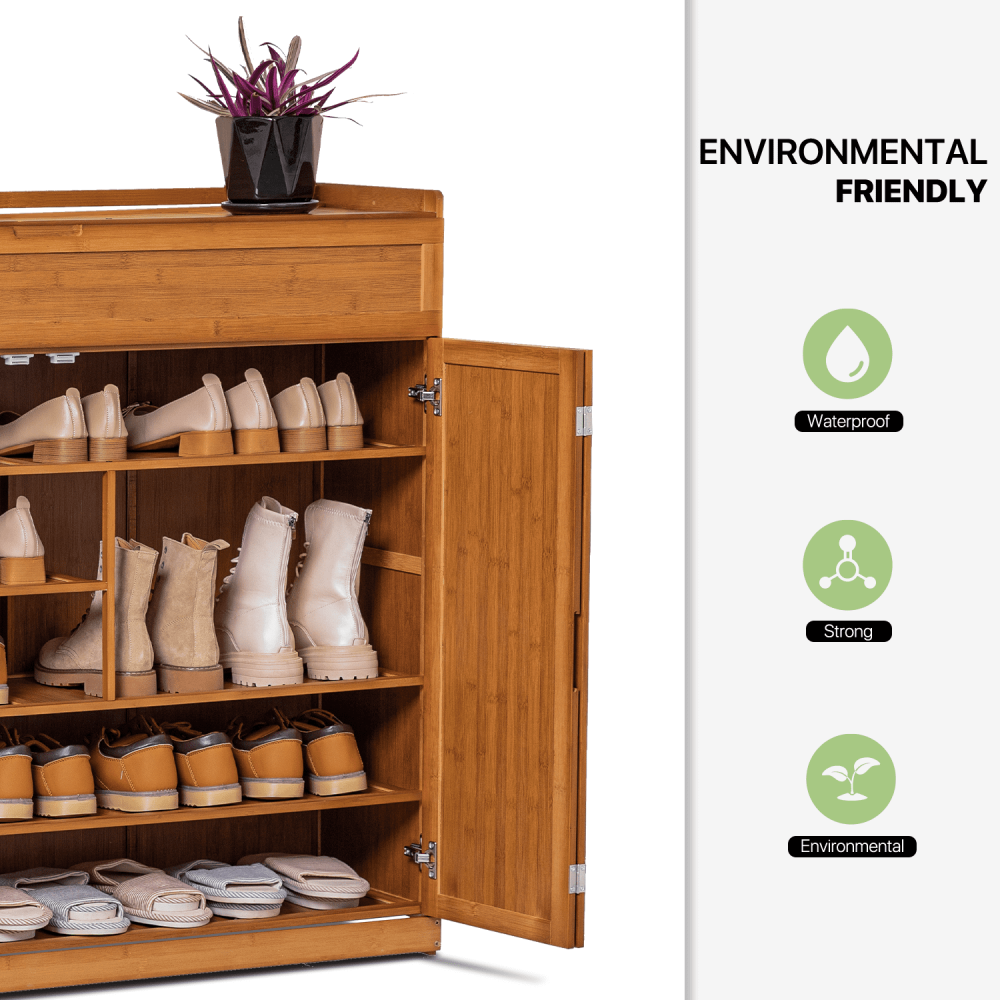 Organizador de zapatos de bambú de 6 niveles con 30 pares de zapatos y compartimento con puerta plegable para tacones y botas, color marrón