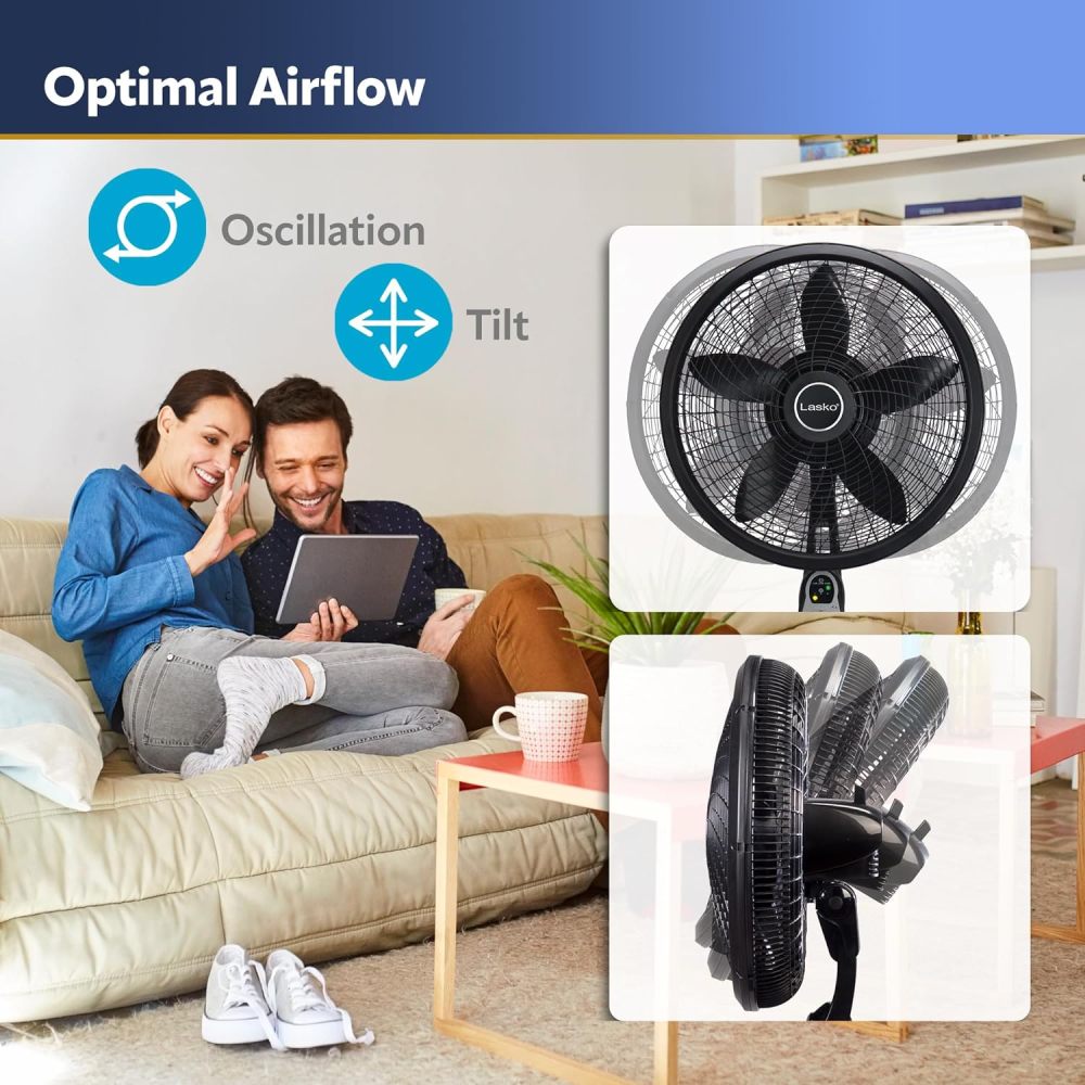 Lasko Oscillating Cyclone Pedestal Fan, Adjustable Height, Timer, Remote Control, 3 Speeds, for Bedroom, Living Room, Home Office, 18", Black, 1843