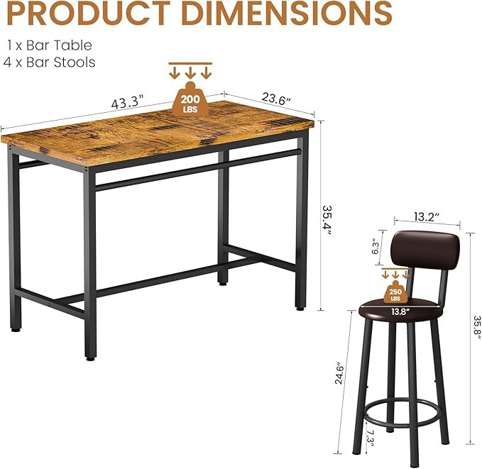 Juego de Mesa de Comedor para 4 Bar, Mesa de Cocina y sillas para 4 Personas, Mesa de Altura con 4 taburetes tapizados de Piel sintética, Mesa de Cena, Juego de Mesa de Desayuno para
