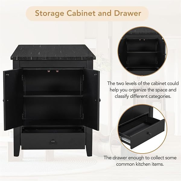 Juego de mesa de comedor de altura de mostrador con 4 sillas, mesa de cocina de madera maciza con gabinete de almacenamiento y cajón, tablero de mesa de mármol sintético, color negro