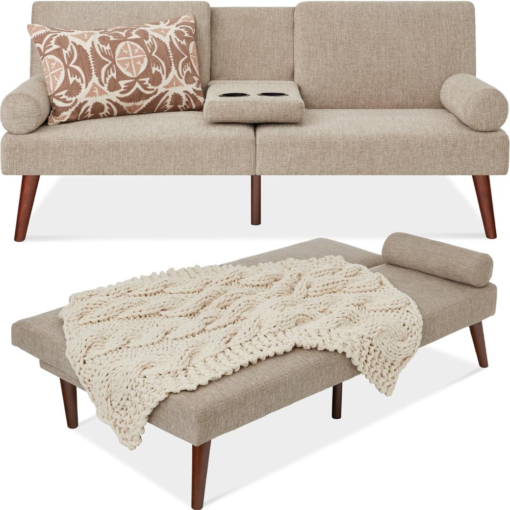 Futón tapizado moderno de mediados de siglo, sofá cama plegable convertible, 2 portavasos