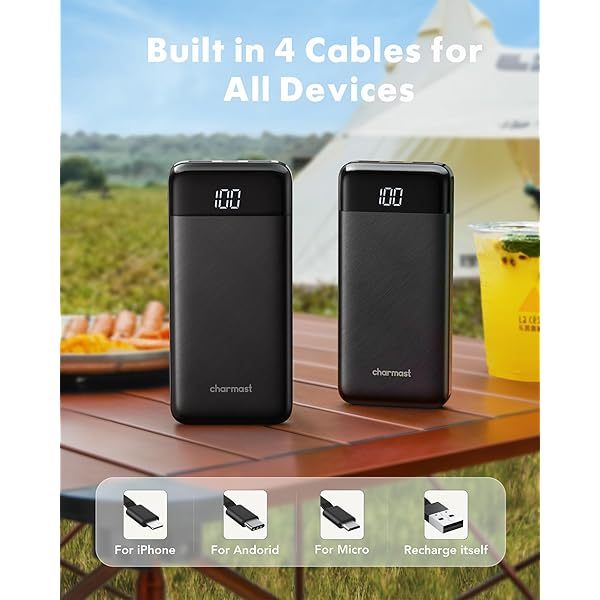 Portable Charger with Built in Cables, Portable Charger with Cords Wires Slim 10000mAh Travel Essentials Battery Pack 6 Outputs 3A High Speed Power Bank for iPhone Samsung Pixel LG Moto iPad A-Black