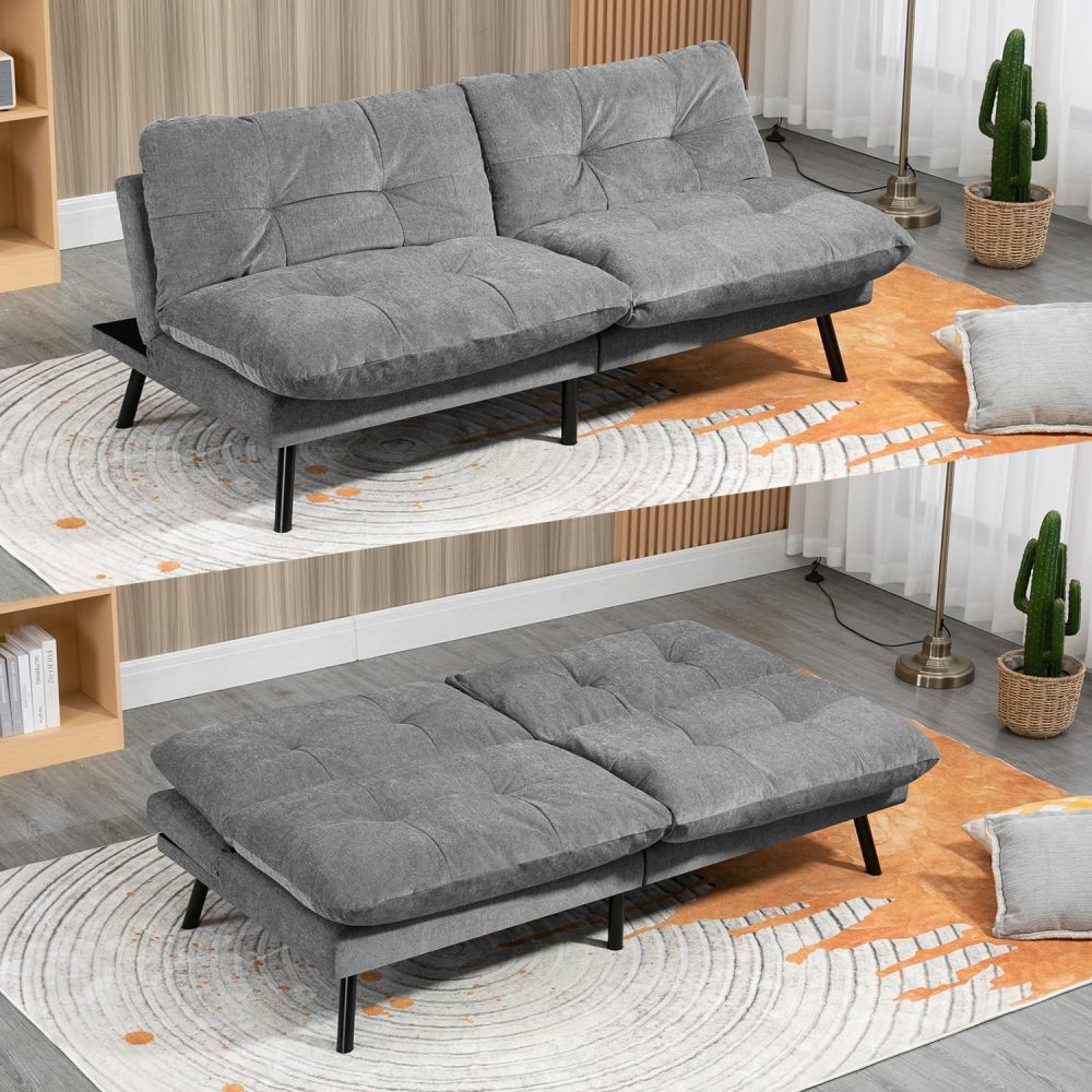 Sofá Cama de 2 Plazas, Sofá de Dos Usos Futon de Estilo Moderno, con Respaldo Doble Ajustable de 120 a 180 Grados, Salas de Estar y Dormitorios, Tela de Lino, Gris